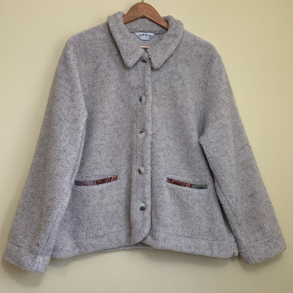Orvis | Gray Cream Button Down Pocket Embroidered Trim Sherpa Teddy Jacket XL